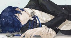 Rule 34 | 1boy, black jacket, blue hair, blue ribbon, closed eyes, closed mouth, collared shirt, eyelashes, falling petals, fingernails, gekkoukan high school uniform, hair behind ear, hair over one eye, headphones, headphones around neck, highres, jacket, kamamesi is god, lying, male focus, neck ribbon, on side, one eye covered, open clothes, open collar, open jacket, persona, persona 3, petals, ribbon, school uniform, shirt, short hair, solo, suit jacket, upper body, white shirt, yuuki makoto (persona 3)