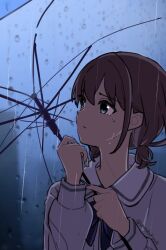 Rule 34 | 1girl, blue eyes, brown hair, commentary request, crying, crying with eyes open, girls band cry, holding, holding umbrella, iseri nina, long sleeves, low twintails, rain, school uniform, short hair, short twintails, solo, tears, twintails, umbrella, upper body, yamabukiyuki