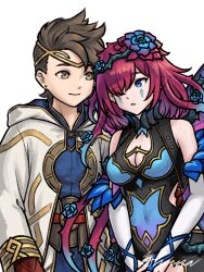 1boy 1girl blue_eyes breasts brown_hair butterfly_wings circlet commission couple facial_mark fairy fairy_wings fire_emblem fire_emblem_heroes gloves gold_trim gradient_clothes gradient_flower grimaisbestwaifu hair_vines hetero hood hood_down hooded_robe insect_wings kiran_(fire_emblem) male_kiran_(fire_emblem) ko-fi_commission large_breasts leather leather_gloves nintendo official_alternate_costume official_alternate_hairstyle plant plant_hair robe thorns triandra_(fire_emblem) vines white_robe wings yellow_eyes