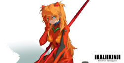 1girl absurdres blue_eyes bodysuit breasts clenched_teeth disgust green_eyes hair_between_eyes hair_ornament heterochromia highres interface_headset_(evangelion) lance lance_of_longinus_(evangelion) long_hair looking_at_viewer mecha_pilot_suit medium_breasts narrow_waist neon_genesis_evangelion orange_hair plugsuit_(evangelion) polearm rebuild_of_evangelion red_bodysuit shaded_face shiny_clothes sitting skin_tight solo souryuu_asuka_langley surreal teeth thighs tsundere two_side_up weapon wide_hips