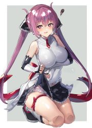 Rule 34 | 1girl, bare shoulders, beatmania iidx, beatmania iidx 15 dj troopers, bemani, black gloves, black skirt, breast hold, breasts, cleavage, collarbone, commentary, covered navel, elbow gloves, fingerless gloves, frilled skirt, frills, full body, gloves, hair between eyes, heart, heart-shaped pupils, highres, kneeling, knees together feet apart, large breasts, leotard, lifting own clothes, looking at viewer, mizushiro celica, open mouth, panties, pantyshot, pink eyes, pink hair, simple background, skirt, solo, striped clothes, striped panties, symbol-shaped pupils, the olphy, thigh strap, thighs, twintails, underwear, white leotard