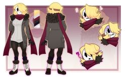 1girl 2023 ? absurdres alternate_costume black_boots black_coat black_gloves black_pants blonde_hair boots borrowed_character breasts coat color_guide commentary commission confused english_commentary flustered fur-trimmed_boots fur-trimmed_jacket fur_trim gloves gradient_background grey_jacket grey_sweater hair_over_one_eye highres jacket large_breasts locket_white_(bakalorin) long_scarf mario_(series) multiple_expressions multiple_views nintendo original outside_border pants purple_background purple_scarf reference_sheet scared scarf shy_gal smile spoken_question_mark sweater swept_bangs turnaround white_mask white_trim yuunkurosu zoom_layer