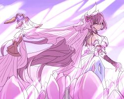 1girl absurdres alternate_costume bell breasts commentary_request diamond-shaped_pupils diamond_(shape) dress elysia_(herrscher_of_human:_ego)_(honkai_impact) elysia_(honkai_impact) field flower flower_field from_side gloves h3_hk highres honkai_(series) honkai_impact_3rd large_breasts long_hair looking_at_viewer outdoors pink_flower pink_hair pink_tulip purple_eyes purple_gloves solo symbol-shaped_pupils tulip veil very_long_hair white_dress white_veil