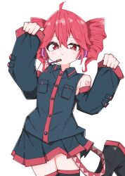 1girl absurdres ahoge bare_shoulders black_boots black_skirt black_sleeves black_thighhighs blush boots breast_pocket buttons closed_mouth collared_shirt detached_sleeves drill_hair hair_between_eyes hashtag-only_commentary headphones headset highres kasane_teto kasane_teto_(utau) kei_(k_eii0) microphone miniskirt pleated_skirt pocket red_eyes red_hair shirt simple_background skirt sleeveless sleeveless_shirt solo standing standing_on_one_leg thighhighs twin_drills utau white_background wing_collar zettai_ryouiki