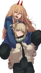 2girls :&gt; :d bags_under_eyes black_pants blonde_hair blue_jacket blunt_bangs boku_no_hero_academia cardigan chainsaw_man commentary_request crossover double_bun ginjaeru hair_bun highres horns jacket long_hair long_sleeves looking_at_viewer messy_hair multiple_girls open_mouth orange_eyes pants power_(chainsaw_man) red_horns sharp_teeth simple_background sitting_on_shoulder sleeves_past_wrists smile teeth toga_himiko tongue tongue_out v-shaped_eyebrows white_background yellow_cardigan yellow_eyes