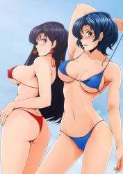 2girls absurdres arm_up armpits ass bikini bishoujo_senshi_sailor_moon black_eyes black_hair blue_hair blush breasts butt_crack cameltoe collarbone contrapposto covered_erect_nipples dutch_angle earrings female_focus from_below highres hino_rei jewelry large_breasts long_hair looking_at_viewer looking_down mizuno_ami multiple_girls nanashi_noiji navel outdoors purple_eyes sailor_mars sailor_mercury short_hair sky smile swimsuit underboob