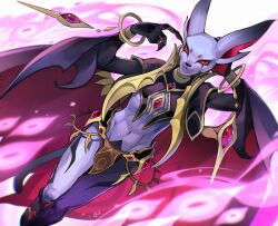 1boy abs afk_(series) afk_arena animal_ears cape claws closed_mouth commentary_request furry furry_male highres looking_at_viewer male_focus navel okn_369 red_eyes smile tail toned toned_male white_background zikis_(afk)