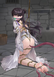 1girl absurdres alternate_costume arms_behind_back ass ball_gag bang_dream! bang_dream!_it&#039;s_mygo!!!!! barefoot bdsm bondage bound bound_toes chinese_clothes chinese_hairpin chuck_(harfmoondark) clothes_lift crotch_rope cuffs dress dress_lift gag hair_ornament hanfu highres kneeling long_hair looking_back mole mole_under_eye prison purple_eyes restrained saliva shackles shibari shiina_taki soles stone_floor tentacles toe_sucking toes torn_clothes torn_dress white_hanfu wide-eyed