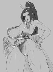 1girl anythinggoes arm_guards bare_shoulders breasts cleavage curvy fatal_fury high_ponytail japanese_clothes large_breasts leotard leotard_under_clothes lifting_own_clothes long_hair looking_at_viewer monochrome ninja nipples open_mouth parted_lips partially_visible_vulva pelvic_curtain ponytail revealing_clothes shiranui_mai sideboob simple_background smile snk solo the_king_of_fighters thighs white_background wide_hips