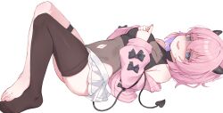Rule 34 | 1girl, @ @, bitseon, blue eyes, commission, demon horns, demon tail, highres, horns, leotard, looking at viewer, original, pink hair, pleated skirt, simple background, single thighhigh, skirt, solo, tail, thighhighs, white background, white skirt