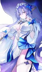 Rule 34 | 1girl, blue eyes, blue flower, breasts, cantarella (wuthering waves), cowboy shot, dress, facial mark, fingernails, flower, hair between eyes, hair flower, hair ornament, hand up, headdress, highres, large breasts, long hair, manche5ter, mark under eye, missing commentary, nail polish, purple hair, purple nails, solo, thighhighs, thighs, very long hair, white dress, white thighhighs, wuthering waves