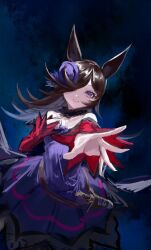 Rule 34 | 1girl, animal ears, blue flower, closed mouth, dress, flower, fur collar, hair over one eye, hand on own chest, hat, hat flower, highres, horse ears, horse girl, inishie kumo, long hair, looking at viewer, off-shoulder dress, off shoulder, purple dress, purple eyes, purple hat, reaching, reaching towards viewer, red sleeves, rice shower (umamusume), smile, solo, umamusume