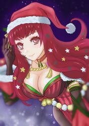 bodysuit breasts facial_mark febakkari fire_emblem fire_emblem_fates hair_ornament hat highres holly holly_hair_ornament large_breasts multicolored_clothes nintendo official_alternate_costume red_bodysuit santa_hat star_(symbol) star_facial_mark star_hair_ornament star_print yunaka_(fire_emblem) yunaka_(spirited_envoy)_(fire_emblem)