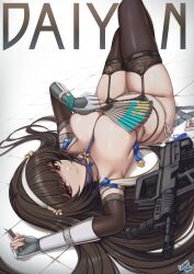 1girl absurdres artist_name assault_rifle black_thighhighs breasts brown_eyes brown_hair bullpup caiman_pool character_name cleavage closed_mouth commentary covering_breasts covering_privates daiyan_(girls&#039;_frontline_2) english_commentary fingerless_gloves folding_fan full_body garter_belt garter_straps girls&#039;_frontline girls&#039;_frontline_2:_exilium gloves gun hairband hand_fan highres holding holding_fan id_card large_breasts long_hair looking_at_viewer lying on_back panties qbz-95 rifle side-tie_panties smile solo thighhighs tile_floor tiles type_95_(girls&#039;_frontline) underwear weapon white_gloves white_hairband white_panties