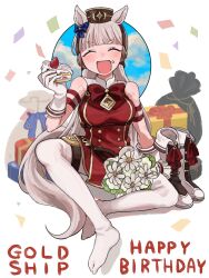 1girl animal_ears armband bare_shoulders belt blunt_bangs blush boots bouquet box brown_belt brown_headwear cake cake_slice character_name commentary dress english_text flower food food_on_face footwear_ribbon fruit gift gift_box gloves gold_ship_(umamusume) happy_birthday highres holding holding_cake holding_food horse_ears horse_girl horse_tail long_hair open_mouth pantyhose pillbox_hat red_armband red_dress red_ribbon ribbon sitting smile solo spread_legs strawberry tail thigh_strap umamusume v-shaped_eyebrows white_armband white_background white_boots white_flower white_gloves white_pantyhose yuta_uma9