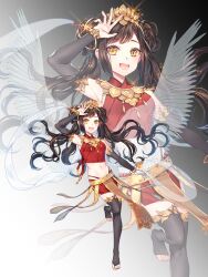 Rule 34 | 1girl, absurdres, black gloves, black hair, black thighhighs, elbow gloves, feathered wings, fingerless gloves, gloves, hair ornament, highres, lotus ornament, miniskirt, navel, open mouth, original, skirt, smile, thighhighs, toeless legwear, ultracat, vietnamese clothes, wings, yellow eyes
