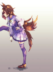 1girl animal_ears back_bow bow breasts brown_hair brown_shoes chocolate commentary_request food foot_kabedon foot_out_of_frame from_side full_body gradient_background hand_on_own_hip holding holding_chocolate holding_food horse_ears horse_girl horse_tail kabedon leg_up loafers long_hair long_sleeves medium_breasts mihasame multicolored_hair pleated_skirt puffy_sleeves purple_thighhighs red_eyes shoes sirius_symboli_(umamusume) skirt solo streaked_hair tail thighhighs umamusume very_long_hair white_bow white_hair winter_uniform