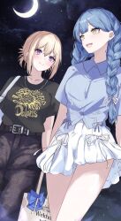 Rule 34 | 2girls, bang dream!, bang dream! it&#039;s mygo!!!!!, belt, black belt, black pants, black shirt, blonde hair, blue hair, blue shirt, braid, closed mouth, commentary request, crescent moon, dress shirt, hair between eyes, highres, houji tea latte, long hair, misumi uika, moon, multiple girls, pants, purple eyes, shirt, short sleeves, shorts, sidelocks, skirt, togawa sakiko, twin braids, white skirt
