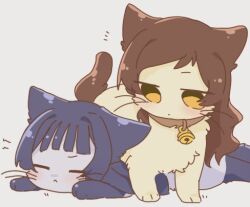 Rule 34 | animal, animal collar, animal focus, animalization, bell, black hair, brown collar, brown hair, cat, closed eyes, closed mouth, collar, dot mouth, grey background, hutaba, idolmaster, idolmaster million live!, jitome, kitazawa shiho, long hair, looking at another, lowres, mogami shizuka, neck bell, no humans, simple background, yellow eyes