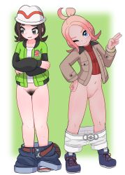 2girls backpack bag bell-bottoms belt blue_eyes breasts brown_eyes brown_hair brown_jacket clenched_hands clothes_pull collarbone cropped_shirt crossed_arms denim embarrassed eyebrows eyelashes female_focus fingernails flat_chest forehead friends full_body gluteal_fold gradient_background gradient_hair green_background green_jacket groin hand_on_own_hip hand_up happy harmony_(pokemon) hat head_tilt highres jacket jeans knees legs legs_together long_sleeves looking_at_viewer looking_to_the_side matching_hair/eyes medium_hair mega_ring moderate_pubic_hair multicolored_hair multiple_girls navel neck nintendo no_panties one_eye_closed open_belt open_clothes open_jacket orange_hair pants pants_pull parted_bangs parted_lips pigeon-toed pink_hair pokemon pokemon_legends:_z-a porkpie_hat pubic_hair pussy shirt shoes short_shorts shorts sidelocks small_breasts smile sneakers standing taunie_(pokemon) thighs topknot unworn_backpack unworn_bag v white_shirt white_shorts wink yakousei_(zcuh7833)