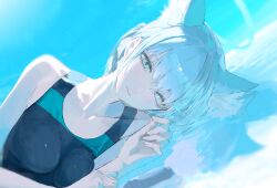 1girl absurdres animal_ear_fluff animal_ears blue_archive competition_swimsuit cross_hair_ornament extra_ears hair_ornament halo highres matcha_(matttttya1) mismatched_pupils multicolored_swimsuit official_alternate_costume one-piece_swimsuit shiroko_(blue_archive) shiroko_(swimsuit)_(blue_archive) solo swimsuit two-tone_swimsuit upper_body wolf_ears