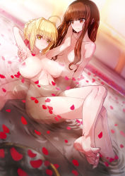 10s 2girls ahoge arm_behind_head armpits arms_up aya_shobon bath bathing blonde_hair blunt_bangs blush breasts breasts_apart brown_eyes brown_hair closed_mouth collarbone commentary_request eye_contact eyelashes fate/extra fate_(series) feet groin hair_between_eyes hair_censor hair_over_breasts hand_on_another&#039;s_head hand_up highres kishinami_hakuno_(female) large_breasts long_hair looking_at_another lying lying_on_person lying_on_water medium_breasts multiple_girls navel nero_claudius_(fate) nero_claudius_(fate/extra) nude on_back partially_submerged petal_censor petals petals_on_liquid rose_petals short_hair sidelocks smile soles stomach toes water wet yellow_eyes yuri