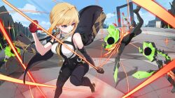 1girl absurdres armpit_peek bare_shoulders bikini blonde_hair braid braided_bun breasts chest_strap closed_mouth collarbone collared_shirt elbow_gloves ethereal_(zenless_zone_zero) evelyn_chevalier fighting fire gloves hair_bun high-waist_pants high_heels highres jacket large_breasts long_hair looking_at_another mokuren4 necktie pants purple_eyes shirt shoulder_strap single_elbow_glove sleeveless solo string_bikini swimsuit thigh_strap unworn_jacket yellow_necktie zenless_zone_zero