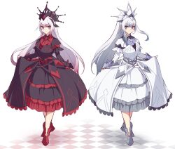 Rule 34 | 2girls, absurdres, alternate costume, black dress, black tiara, blush, boots, checkered floor, closed mouth, clothes lift, dress, dress lift, duel monster, frilled dress, frills, full body, grey boots, highres, kanzakietc, lifting own clothes, long hair, long sleeves, looking at viewer, maliss &lt;q&gt; red ransom, maliss &lt;q&gt; white binder, multiple girls, pink eyes, pink hair, puffy sleeves, red boots, simple background, smile, standing, tiara, very long hair, white background, white dress, white hair, white tiara, yu-gi-oh!