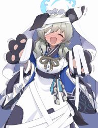 1girl :d ^_^ absurdres animal_ears animal_hands bandages blue_archive blush closed_eyes commentary facing_viewer gloves grey_hair halo highres long_hair open_mouth patanda paw_gloves simple_background smile solo sweat trembling umika_(blue_archive) veil white_background