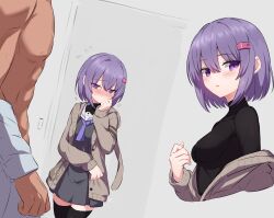 1boy 1girl a.i._voice black_shirt black_thighhighs blush breasts cardigan commentary_request dress embarrassed hetero highres looking_at_viewer parted_lips purple_eyes purple_hair ruttse sailor_dress shirt short_hair small_breasts solo_focus thighhighs undressing voiceroid yuzuki_yukari yuzuki_yukari_(shizuku) zettai_ryouiki