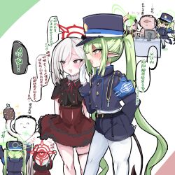 1boy 2girls armband asymmetrical_hair black_hat black_jacket black_shirt black_shorts blue_archive blue_armband chinese_text demon_girl demon_tail doodle_sensei_(blue_archive) fang green_hair green_halo halo hat highres jacket long_hair long_sleeves mesugaki multiple_girls mutsuki_(blue_archive) nozomi_(blue_archive) open_mouth pantyhose peaked_cap red_halo red_skirt sensei_(blue_archive) shiming_liangjing shirt short_shorts shorts skirt speech_bubble tail translated twintails very_long_hair white_hair white_pantyhose