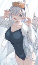 Rule 34 | 18 yen coin, 1girl, animal ears, arknights, aurora (arknights), bear ears, bear girl, black one-piece swimsuit, blue eyes, breasts, casual one-piece swimsuit, claw pose, cleavage, collarbone, collared shirt, commentary request, covered navel, extra ears, eye mask, eyes visible through hair, fang, hair intakes, hair over one eye, highres, large breasts, long hair, looking at viewer, mask, mask on head, one-piece swimsuit, open clothes, open mouth, open shirt, see-through clothes, see-through shirt, shirt, skin fang, smile, solo, swimsuit, white hair, white shirt