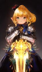 1girl absurdres armor artist_name blonde_hair blue_dress coconutcatcat commission crown dress final_fantasy final_fantasy_xiv gauntlets glowing glowing_sword glowing_weapon green_eyes highres holding holding_sword holding_weapon lalafell looking_at_viewer mini_crown pauldrons pointy_ears ponytail shoulder_armor solo sword warrior_of_light_(ff14) weapon