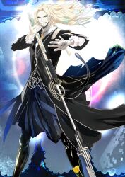 Rule 34 | 1boy, black boots, black coat, blonde facial hair, blonde hair, boots, closed mouth, coat, curtained hair, facial hair, fate/grand order, fate (series), feet out of frame, goatee, green eyes, hand tattoo, hands up, holding, holding polearm, holding weapon, kazikli bey (fate/apocrypha), legs apart, long hair, long sleeves, looking at viewer, maeda hirotaka, male focus, mustache, official art, polearm, solo, standing, sweater, tattoo, third-party source, turtleneck, turtleneck sweater, variant set, vlad iii (fate/apocrypha), weapon, white sweater