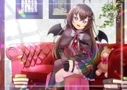 1girl :d ahoge asymmetrical_legwear bat_wings black_boots black_gloves black_skirt black_wings book book_stack boots brown_capelet brown_hair brown_shirt brown_thighhighs capelet commentary_request commission couch crossed_legs feet_out_of_frame frilled_capelet frilled_skirt frills gloves hair_between_eyes hair_ornament hairclip head_tilt indie_virtual_youtuber kneehighs kou_hiyoyo long_hair long_sleeves looking_at_viewer mitchie_soren on_couch open_mouth pleated_skirt pointy_ears puffy_long_sleeves puffy_sleeves purple_eyes shirt single_kneehigh single_sock single_thighhigh skeb_commission skirt sleeves_past_wrists smile socks solo stuffed_animal stuffed_toy teddy_bear thigh_strap thighhighs thighhighs_under_boots very_long_hair virtual_youtuber wings