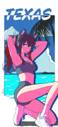 Rule 34 | 1girl, absurdres, animal ears, arknights, arms behind head, arms up, black hair, breasts, character name, closed mouth, colored inner hair, commentary request, crop top, drop shadow, full body, grey shorts, grey sports bra, hair between eyes, hair tie, hair tie in mouth, halftone, hands in own hair, highres, korean commentary, long hair, medium breasts, mouth hold, multicolored hair, on one knee, red hair, shoes, short shorts, shorts, sleeveless, sneakers, solo, sports bra, texas (arknights), tying hair, white shoes, wolf ears, wolf girl, xwing47, yellow eyes