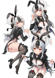 1girl alternate_costume animal_ear_hairband animal_ears black_choker black_horns black_shrug black_thighhighs blue_archive choker cuffs demon_horns demon_wings ear_piercing earclip fake_animal_ears garter_straps grey_halo hair_ribbon hairband halo handcuffs highres horns kayoko_(blue_archive) leotard long_hair multicolored_hair multiple_views navel piercing playboy_bunny rabbit_ear_hairband rabbit_ears red_eyes rero_(bigdoorbig2) ribbon shrug_(clothing) single_wing strapless strapless_leotard thighhighs two-tone_hair white_background white_hair white_leotard white_wrist_cuffs wings wrist_cuffs