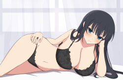 Rule 34 | 1girl, arm support, black bra, black hair, black panties, blue eyes, blush, bra, breasts, cleavage, collarbone, curtains, groin, hand on own hip, highres, hime cut, ikaruga (senran kagura), lace, lace-trimmed bra, lace-trimmed panties, lace bra, lace panties, lace trim, large breasts, linea alba, lingerie, long hair, looking at viewer, lying, manjou (q tiwj), navel, on side, panties, senran kagura, smile, solo, thong, underwear, window