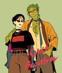 1boy 1girl beast_boy_(dc) black_hair black_lips colored_skin couple dc_comics dress glasses green_dress green_hair green_skin hairy happy height_difference muscular muscular_male pointy_ears raven_(dc) smile sunglasses teen_titans