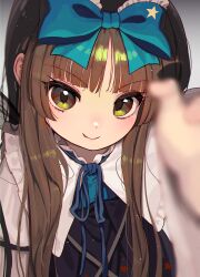1girl :p absurdres arm_up blue_bow blue_ribbon blunt_bangs blurry blurry_foreground bow brown_eyes brown_hair close-up commentary_request depth_of_field frilled_bow frilled_shirt_collar frills gradient_background green_eyes grey_background hair_bow highres housulu light_blush long_hair looking_at_viewer outstretched_arm perspective ribbon sidelocks simple_background solo star_(symbol) star_print star_sapphire tongue tongue_out touhou tsurime upper_body upturned_eyes v-shaped_eyebrows