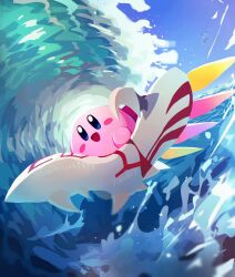 blue_eyes blue_sky blush_stickers bright_pupils day dragoon flying happy highres kirby kirby_(series) kirby_air_ride nintendo no_humans outdoors sky smile suyasuyabi twitter_username water waves white_pupils