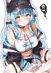 1girl absurdres anime_coloring bare_shoulders baseball_cap black_choker black_shorts blue_hair blush breasts butterfly_sitting choker controller crop_top hat highleg highleg_panties highres holding holding_controller hololive isakoro_(hx9cj) jacket looking_at_viewer midriff navel off_shoulder open_clothes open_jacket panties playing_games pointy_ears shirt short_shorts shorts simple_background sitting sleeveless sleeveless_shirt solo stomach thigh_strap twintails underwear virtual_youtuber white_background yellow_eyes yukihana_lamy