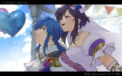 1boy 1girl ascot balloon black_hair blue_eyes blue_hair breasts bridal_veil bride commentary commission dated detached_collar dress english_commentary english_text epaulettes fire_emblem fire_emblem:_genealogy_of_the_holy_war fire_emblem_heroes groom hair_ribbon heart_balloon highres larcei_(bride_of_astra)_(fire_emblem) larcei_(fire_emblem) long_hair looking_up medium_breasts motoiwork nintendo official_alternate_costume open_mouth ponytail profile puffy_short_sleeves puffy_sleeves purple_eyes ribbon second-party_source seliph_(fire_emblem) seliph_(light&#039;s_legacy)_(fire_emblem) short_hair short_sleeves signature smile veil wedding_dress white_ascot white_dress white_ribbon