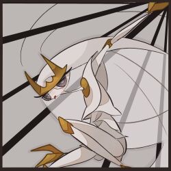1girl animal_hands antennae arm_up arthropod_girl blue_pupils blush border brown_border closed_mouth colored_skin female_focus furry furry_female gen_7_pokemon grey_background highres joints legs long_hair looking_at_viewer namako_(na_ma_koko) nintendo outstretched_arm pheromosa pokemon pokemon_(creature) purple_eyes solo tongue tongue_out translucent_hair ultra_beast very_long_hair white_hair white_skin