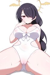 1girl black_choker black_hair blue_archive breasts cameltoe choker cleavage closed_mouth commission covered_navel hair_over_one_eye halo highres hinata_(blue_archive) hinata_(swimsuit)_(blue_archive) io9 large_breasts long_hair nipples one-piece_swimsuit pixiv_commission red_eyes see-through_clothes simple_background sitting solo swimsuit white_background white_one-piece_swimsuit yellow_halo