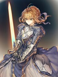 1girl ahoge armor armored_dress artoria_pendragon_(fate) blonde_hair blue_dress blue_ribbon braid breastplate closed_mouth commentary dress excalibur_(fate/stay_night) fate/stay_night fate_(series) gauntlets glowing green_eyes hair_ribbon holding holding_sword holding_weapon juliet_sleeves long_sleeves looking_at_object medium_hair nameno92372763 puffy_sleeves ribbon saber_(fate) serious solo sword weapon