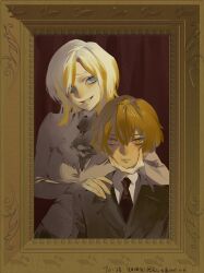 1boy 1girl absurdres alternate_costume ascot black_ascot black_necktie blonde_hair blue_eyes fangji0225 faust_(project_moon) formal_clothes hand_on_another&#039;s_cheek hand_on_another&#039;s_face height_difference highres limbus_company looking_at_viewer multicolored_hair n_corp._fanatic_(identity)_(project_moon) necktie picture_frame project_moon shirt short_hair sinclair_(project_moon) sitting smile suit two-tone_hair upper_body white_hair white_shirt yellow_eyes