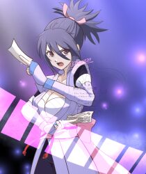 Rule 34 | 1girl, back ribbon, between fingers, black hair, breasts, brown eyes, cleavage, collarbone, commentary, cowboy shot, detached sleeves, fighting stance, fujibayashi sheena, hair between eyes, hair ornament, high ponytail, holding, holding ofuda, holding paper, japanese clothes, kimono, large breasts, light particles, long hair, looking at viewer, motoyui, ninja, obi, ofuda, ofuda between fingers, open mouth, paper, pink ribbon, pink sash, ponytail, purple kimono, purple sleeves, ribbon, sash, snow (ffgf7255), solo, tales of (series), tales of symphonia, talisman, twitter username