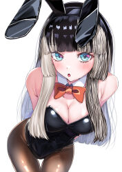 1girl :o absurdres alternate_costume animal_ears armpit_crease arms_behind_back black_hair black_leotard blue_eyes blunt_bangs blunt_sidelocks blush bow bowtie breasts brown_pantyhose cleavage commentary cowboy_shot detached_collar eyelashes fake_animal_ears fake_tail grey_hair highres hololive hololive_dev_is juufuutei_raden leaning_forward leotard long_hair looking_at_viewer medium_breasts multicolored_hair open_mouth pantyhose playboy_bunny rabbit_ears rabbit_tail red_bow red_bowtie sidelocks simple_background solo standing straight_hair strapless strapless_leotard suzuka_(suzukawu) tail thigh_gap traditional_bowtie two-tone_hair virtual_youtuber white_background wing_collar