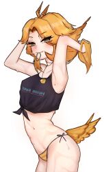 Rule 34 | 1girl, absurdres, adjusting hair, arched back, armpits, bikini, bird girl, bird tail, black tank top, blonde hair, breasts, closed mouth, clothes writing, collarbone, commentary, cowboy shot, diiaphy alt, dokibird (vtuber), dragoon (dokibird), english text, fang, feather hair, feathers, green eyes, hair tie in mouth, highres, indie virtual youtuber, jewelry, mirrored text, mouth hold, navel, pendant, side-tie bikini bottom, signature, simple background, skin fang, small breasts, striped bikini, striped clothes, sweat, swimsuit, symbol-only commentary, tail, tank top, tied tank top, virtual youtuber, white background, yellow bikini, yellow feathers, yellow tail